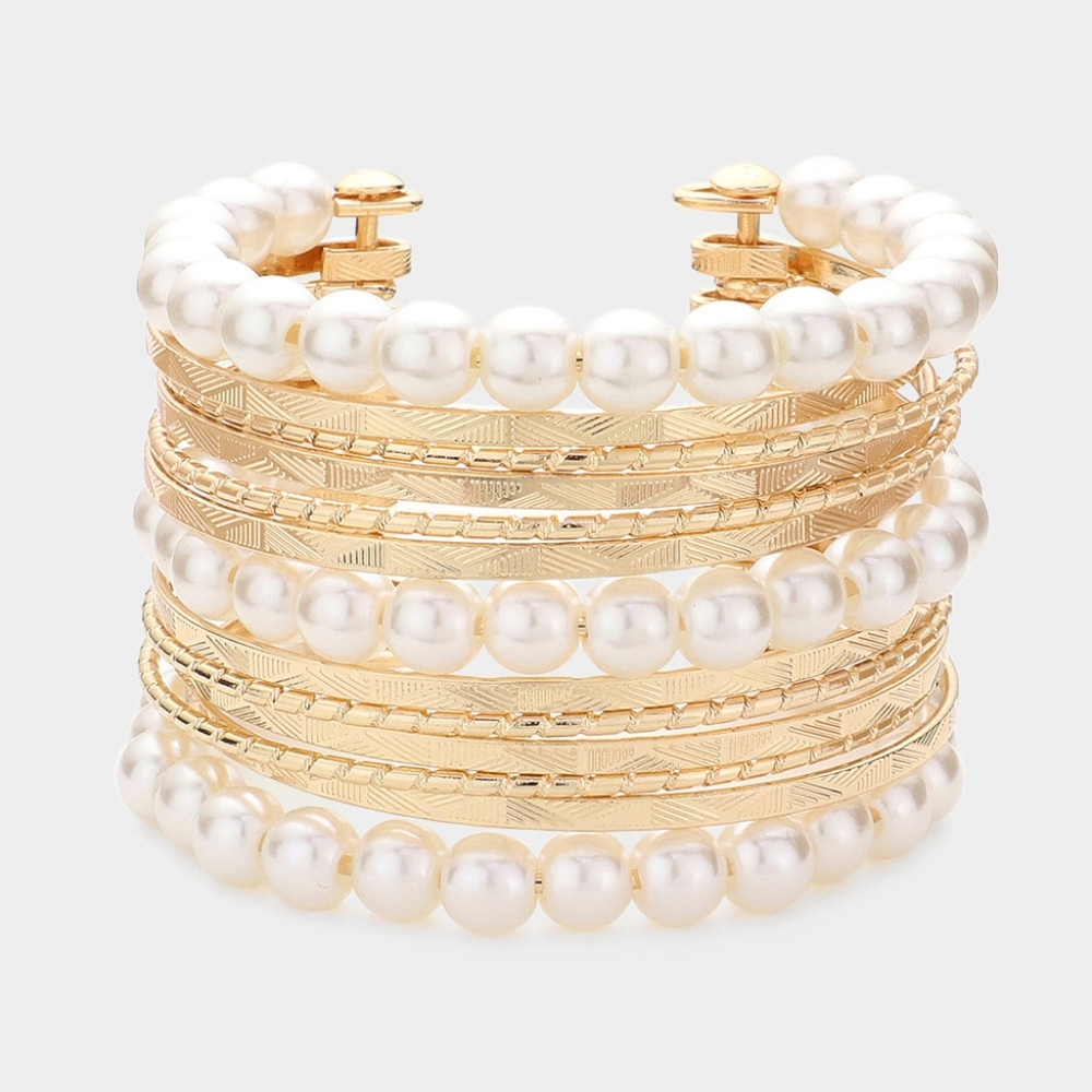 Gold Cream Pearl Layered Metal Cuff Bracelet Bangle Fashion Statement Accessory